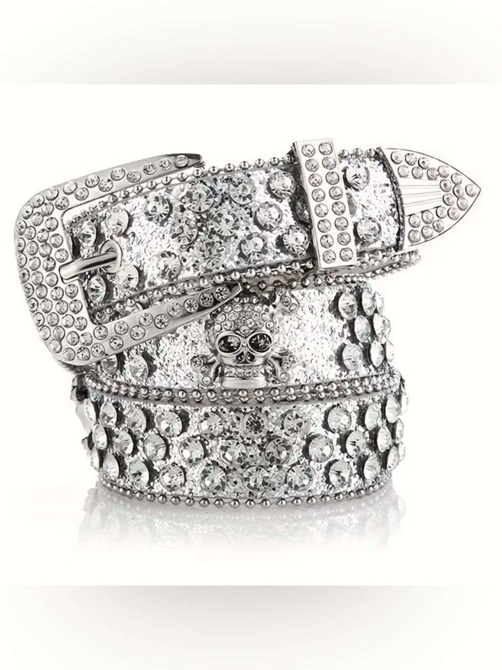 Silver Crystal-Studded Wrap Belt with Skull Accent